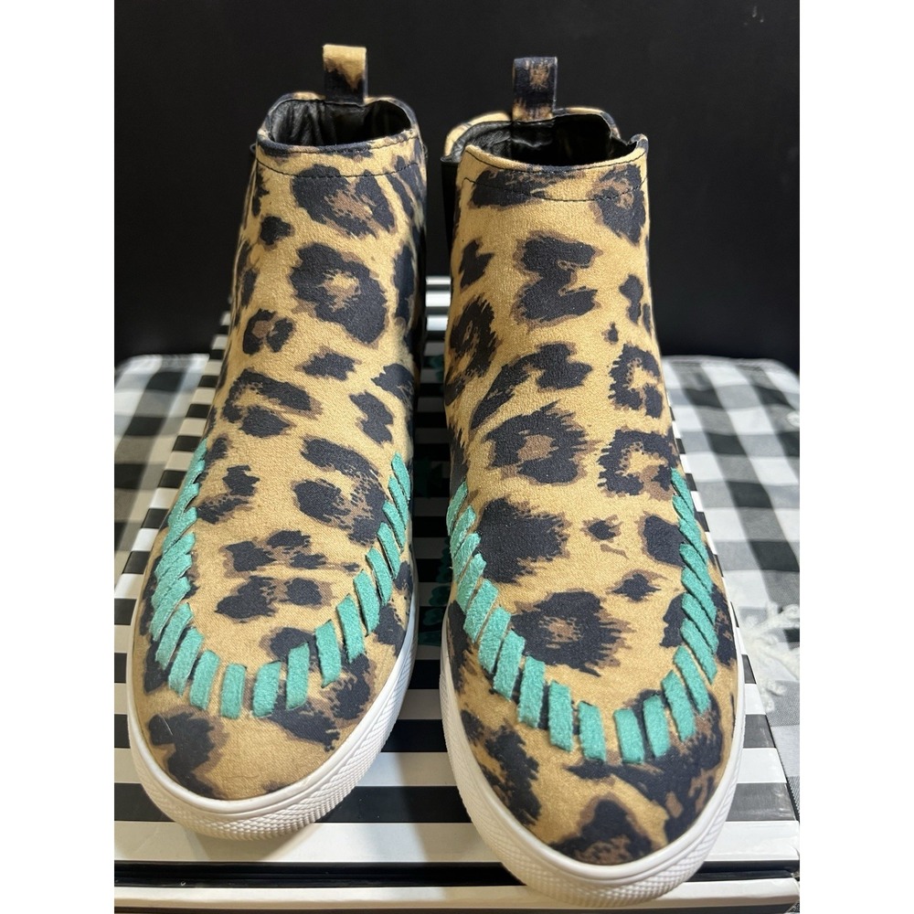 BEAUTIFUL CRAZY TRAIN SIZE‎ 8 WOMENS LEOPARD/TURQ PRINT SLIP ONS (2138)